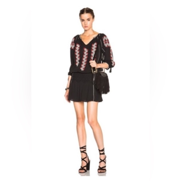 Ulla Johnson Samira Red White Embroidered Smocked Short Black Mini Dress Size 6 - Picture 1 of 11